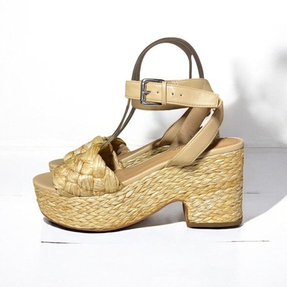 🌻NEW Marc Fisher Boho Steel Raffia Block Heel Sandal Size 9.5